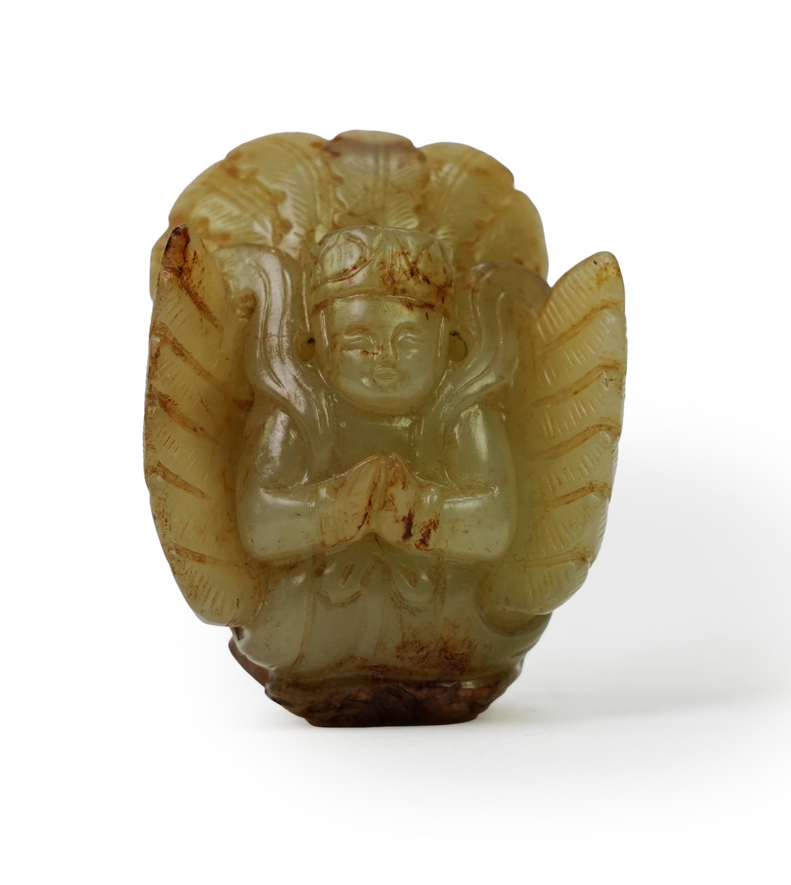 A Chinese archaistic celadon and russet jade figure a winged female immortal bird